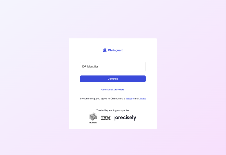 Screenshot showing an example Chainguard login page with a field reading &ldquo;IDP Identifier&rdquo;