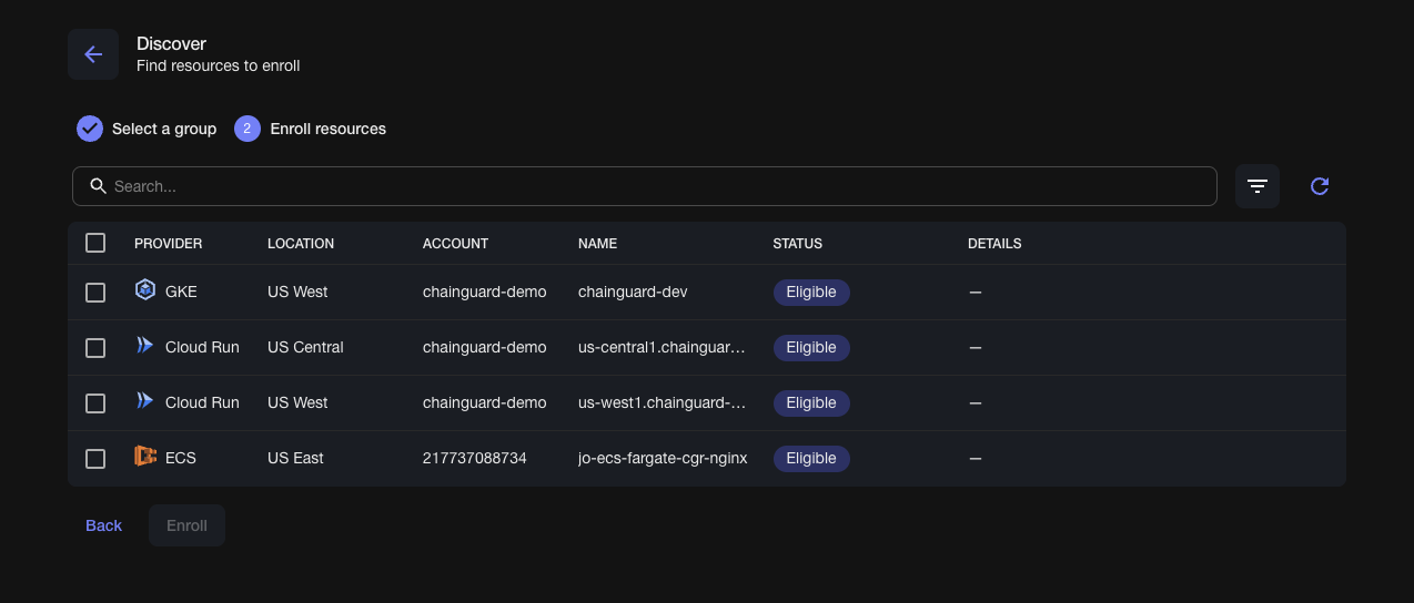 Screenshot showing the Discovery results. This example shows four workloads: one GKE, two Cloud Run, and one ECS.