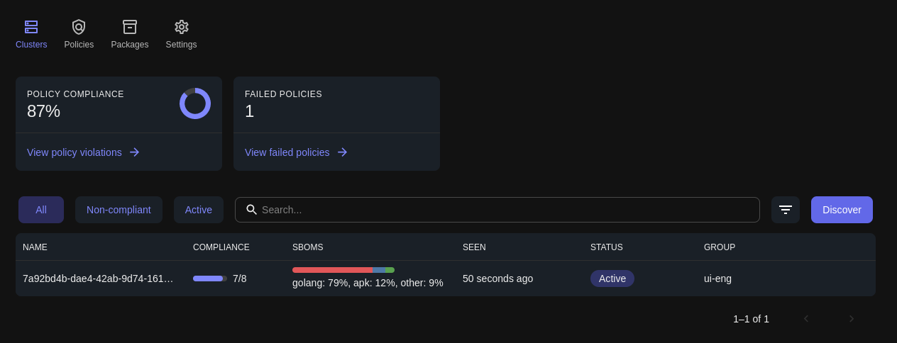 Screenshot from the Chainguard Enforce Console. The Clusters tab is selected, showing one cluster already enrolled in Enforce. There is a button at the top right of the clusters table that reads &ldquo;Discover&rdquo;.