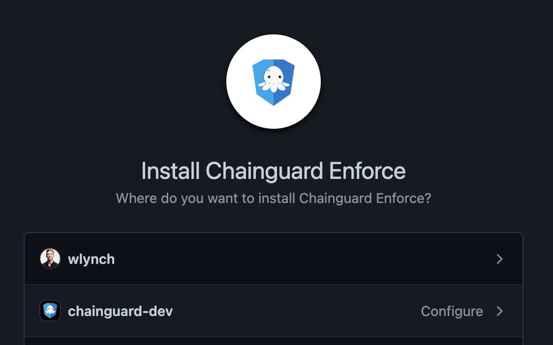Install Chainguard Enforce, user selection page
