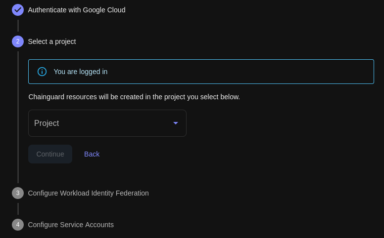 Screenshot showing Step 2 of the GCP cloud account association process. There is a dropdown menu labeled &ldquo;Project&rdquo; with no items selected yet.