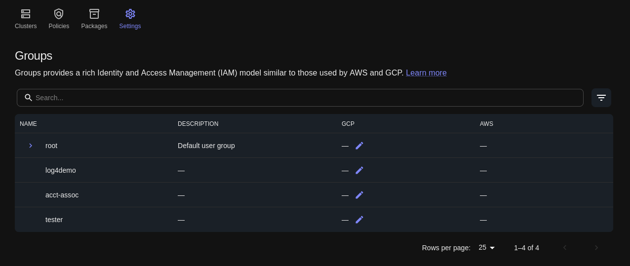 Screenshot showing an example &ldquo;Settings&rdquo; tab, including a table with four groups. No group has yet been associated with a cloud account.