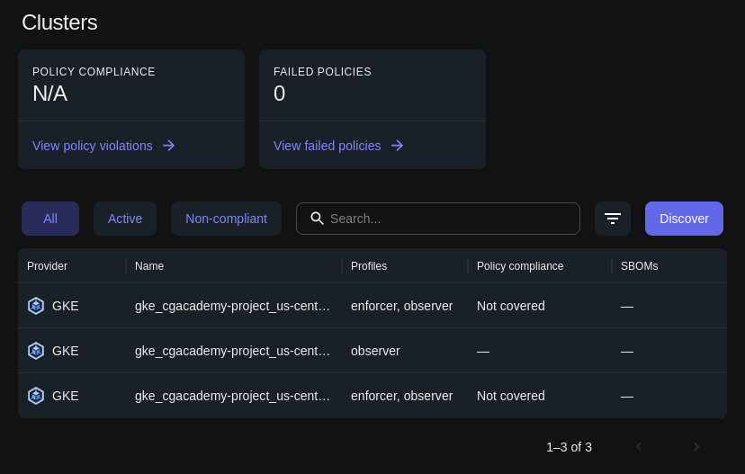 Screenshot of a portion of the Chainguard Enforce console, showing three rows representing three GKE clusters. The third column shows that the first and third clusters are enrolled in the enforcer and observer profiles, and the second cluster is only enrolled in the observer profile.