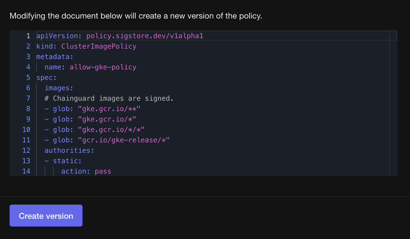 Edit policy to create a new version in Chainguard Console